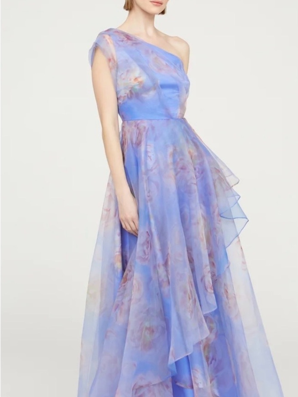 Theia One-Shoulder Blue Lavender Floral Augusta Evening Gown - Picture 3 of 6